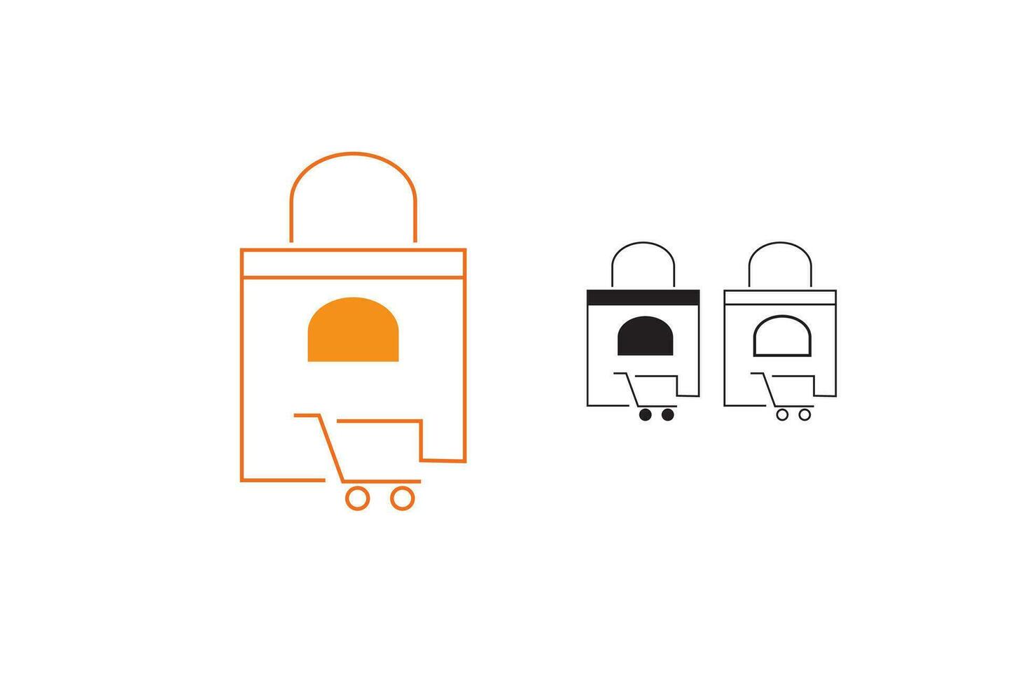 The logo icon features an outline of a shopping bag with a trolley handle, presented in a linear style suitable for mobile concepts and web designs. The illustration showcases a simple line vector ic