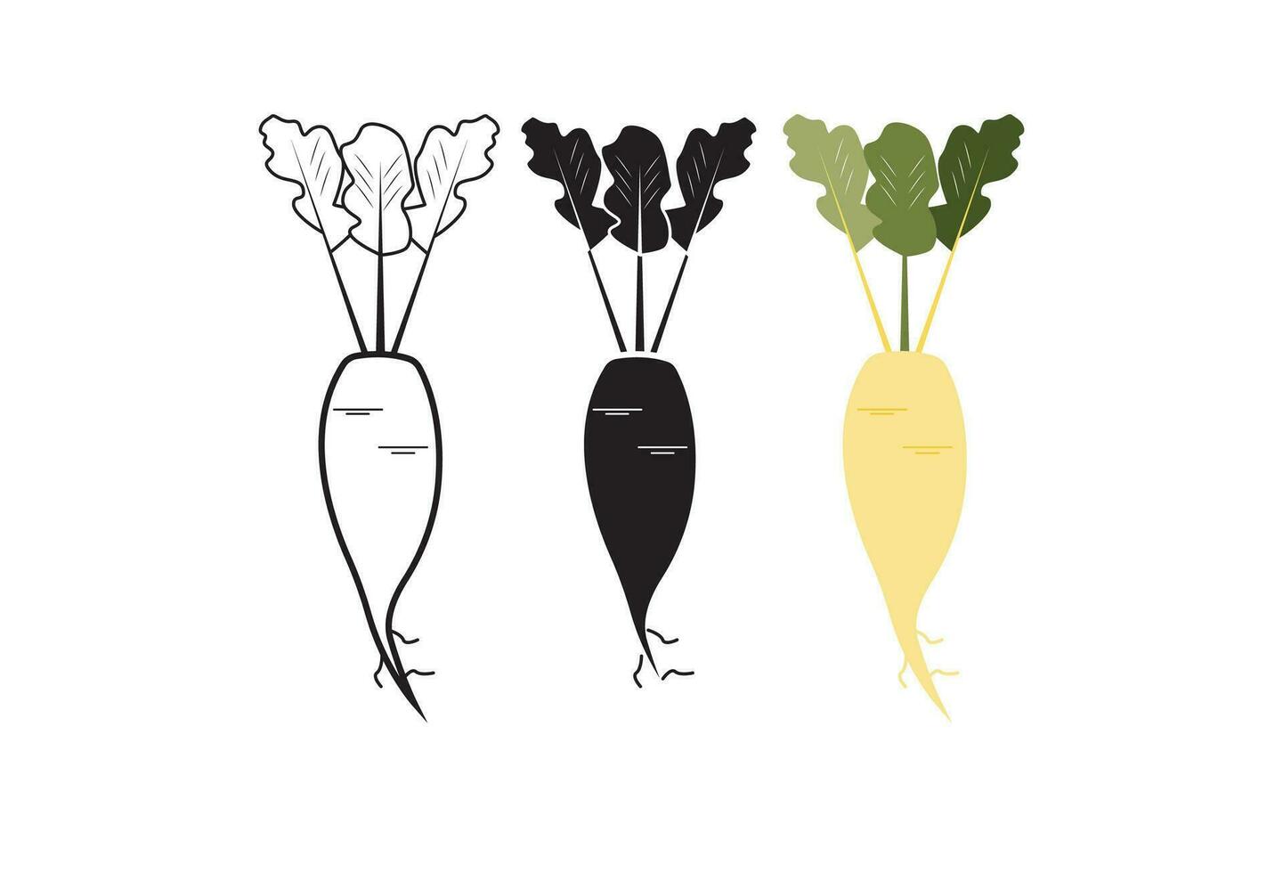 The vector illustration showcases various root vegetables, such as beet, radish, and turnips, presented in colorless, black and white, line, and filled styles with a simple design.