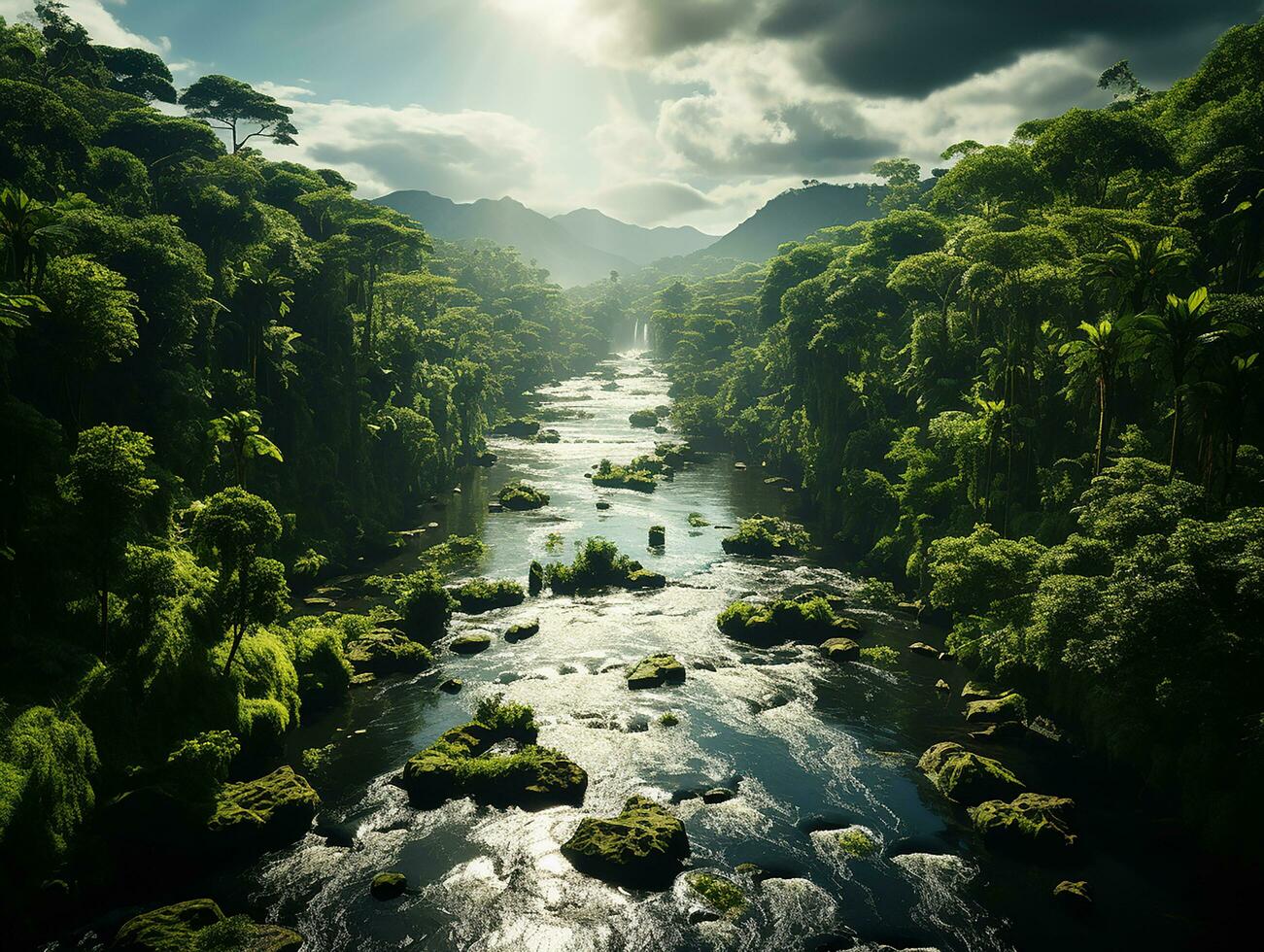 aéreo ver de lluvia bosque a el luz ai generativo foto