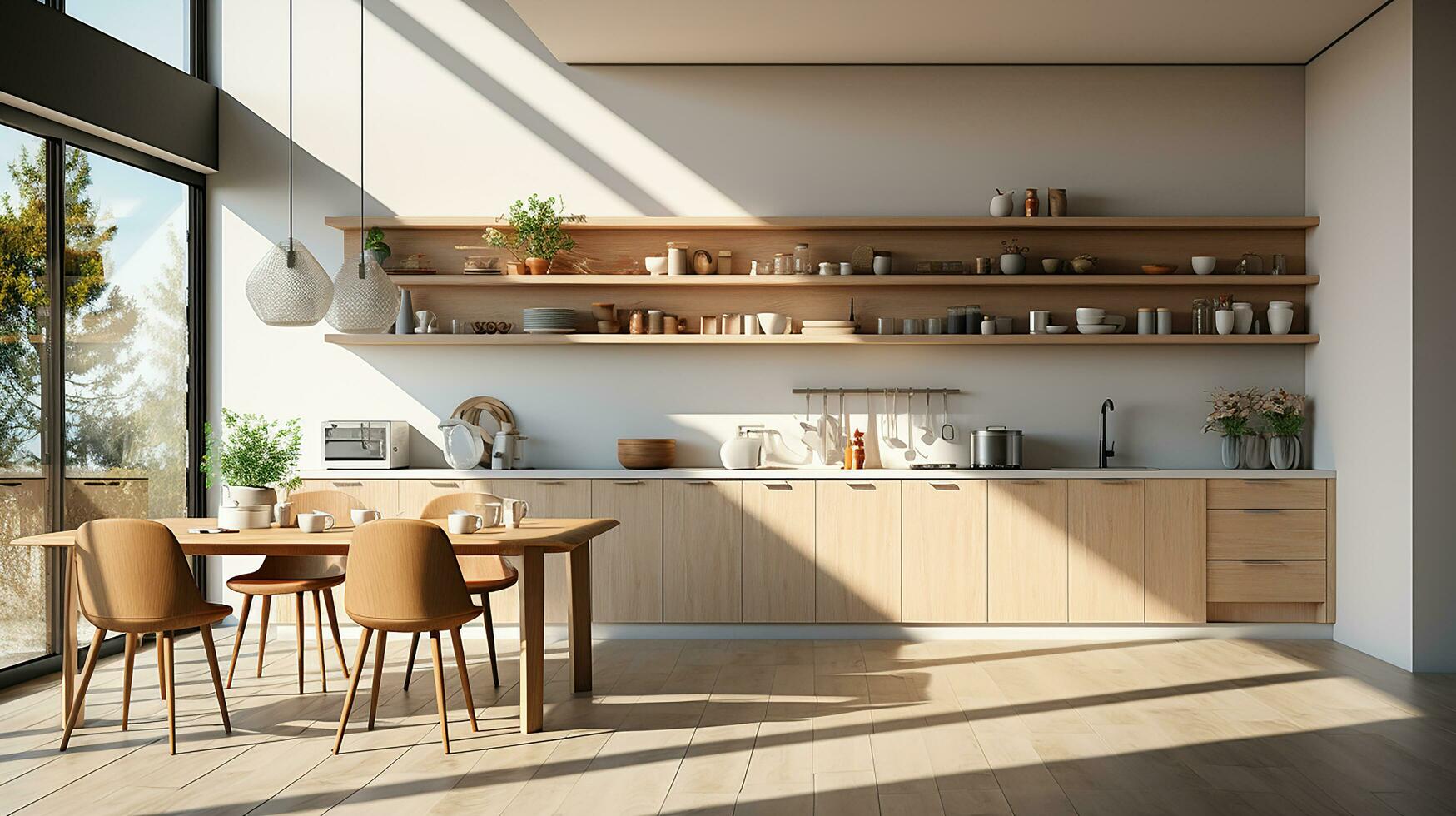 wooden kitchen house in afternoon AI generative photo