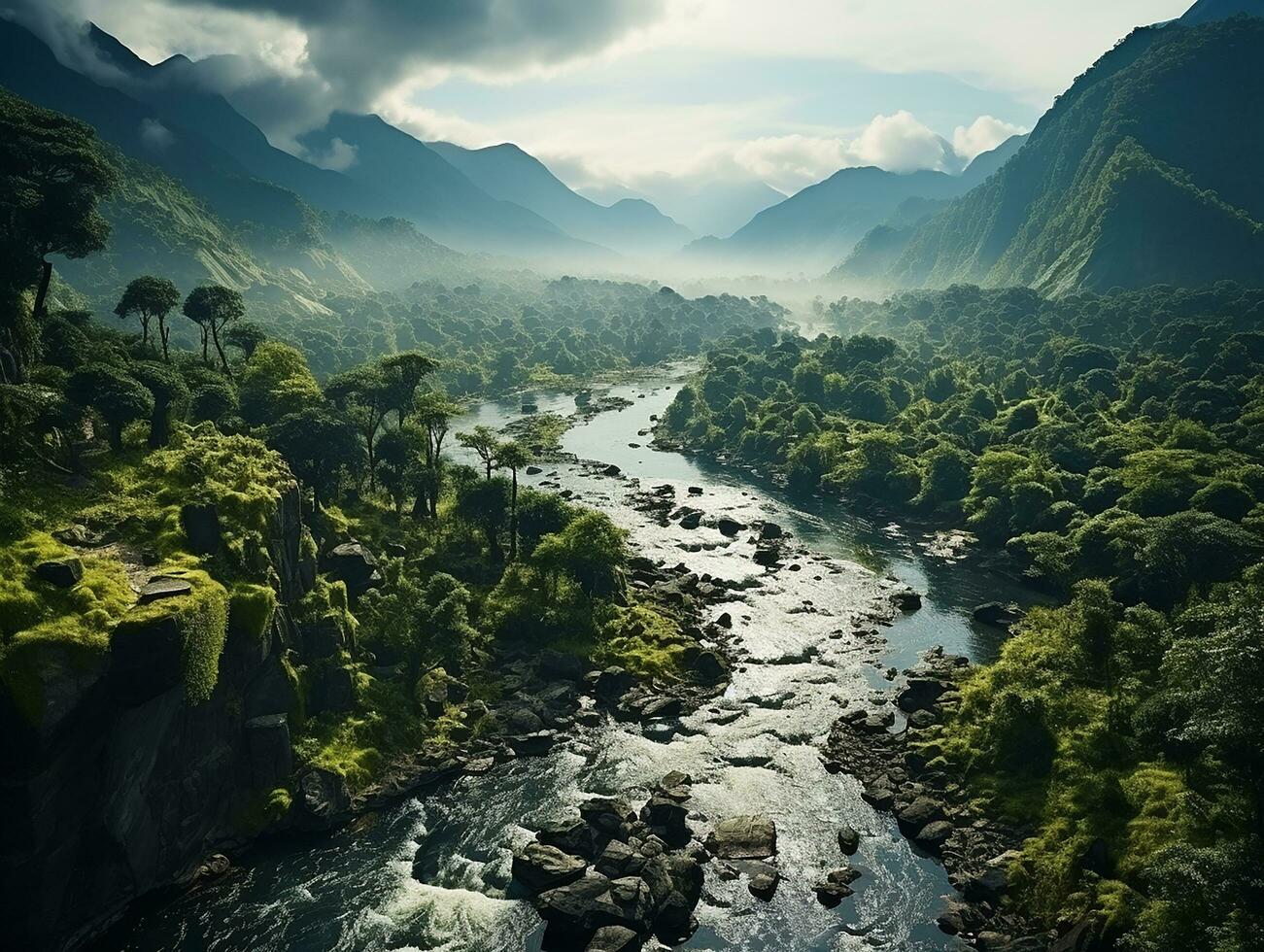 aéreo ver de lluvia bosque a el luz ai generativo foto