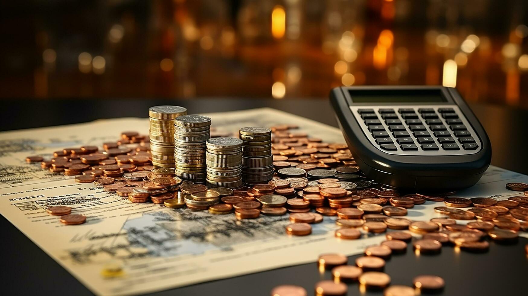 photo-realistic of calculator, money and paper with graphic chart on table AI Generative photo