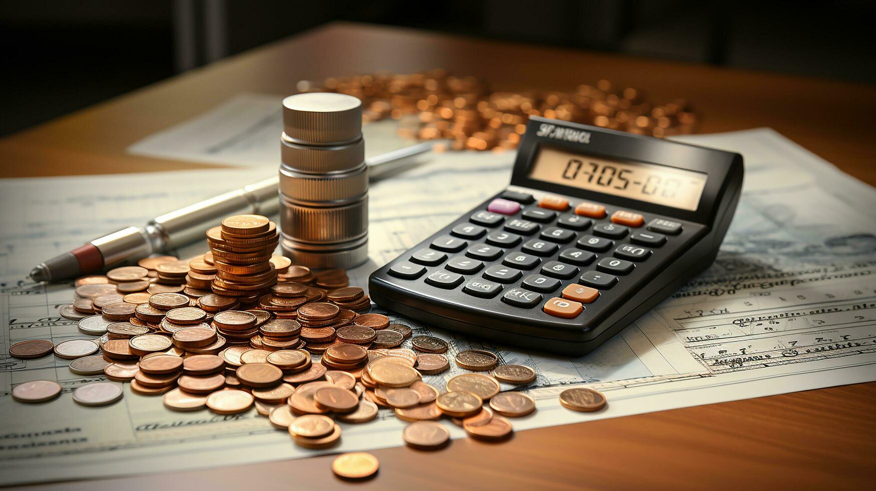 photo-realistic of calculator, money and paper with graphic chart on table AI Generative photo