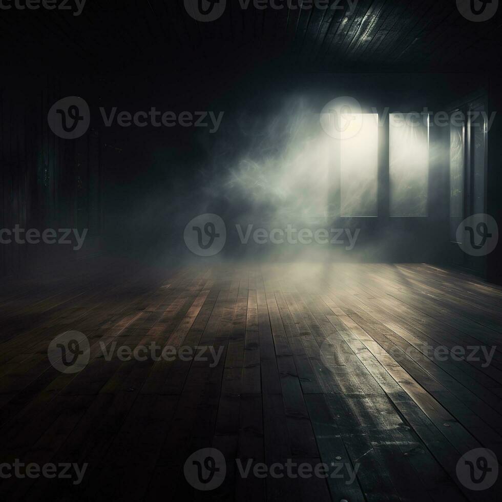 Defocused background of fog in darkness, smoke, and mist on a wooden floor. Abstract and moody Halloween backdrop. Generative AI photo