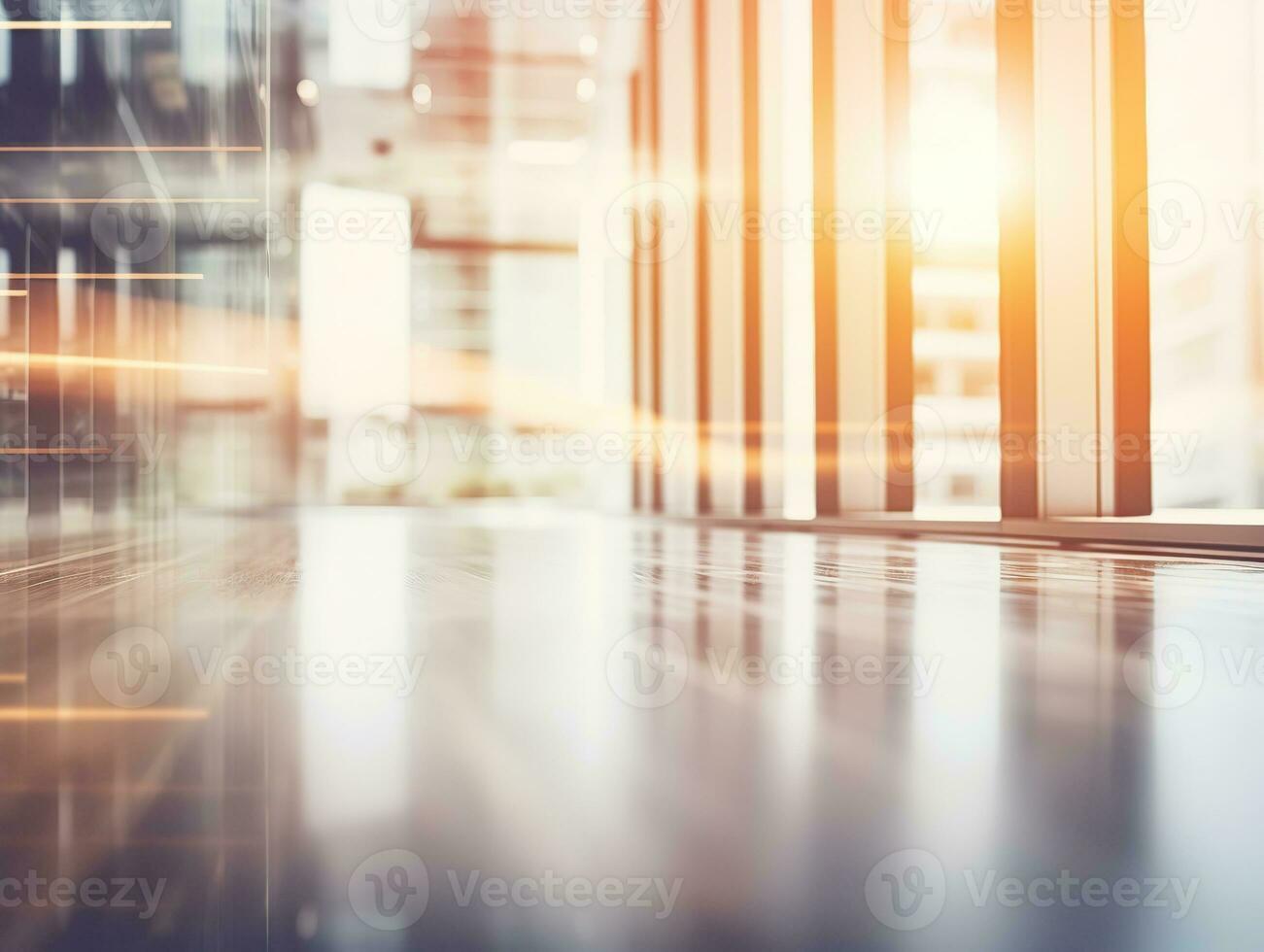 Blurred empty open space office. Design background with abstract light bokeh at office interior. Generative AI photo