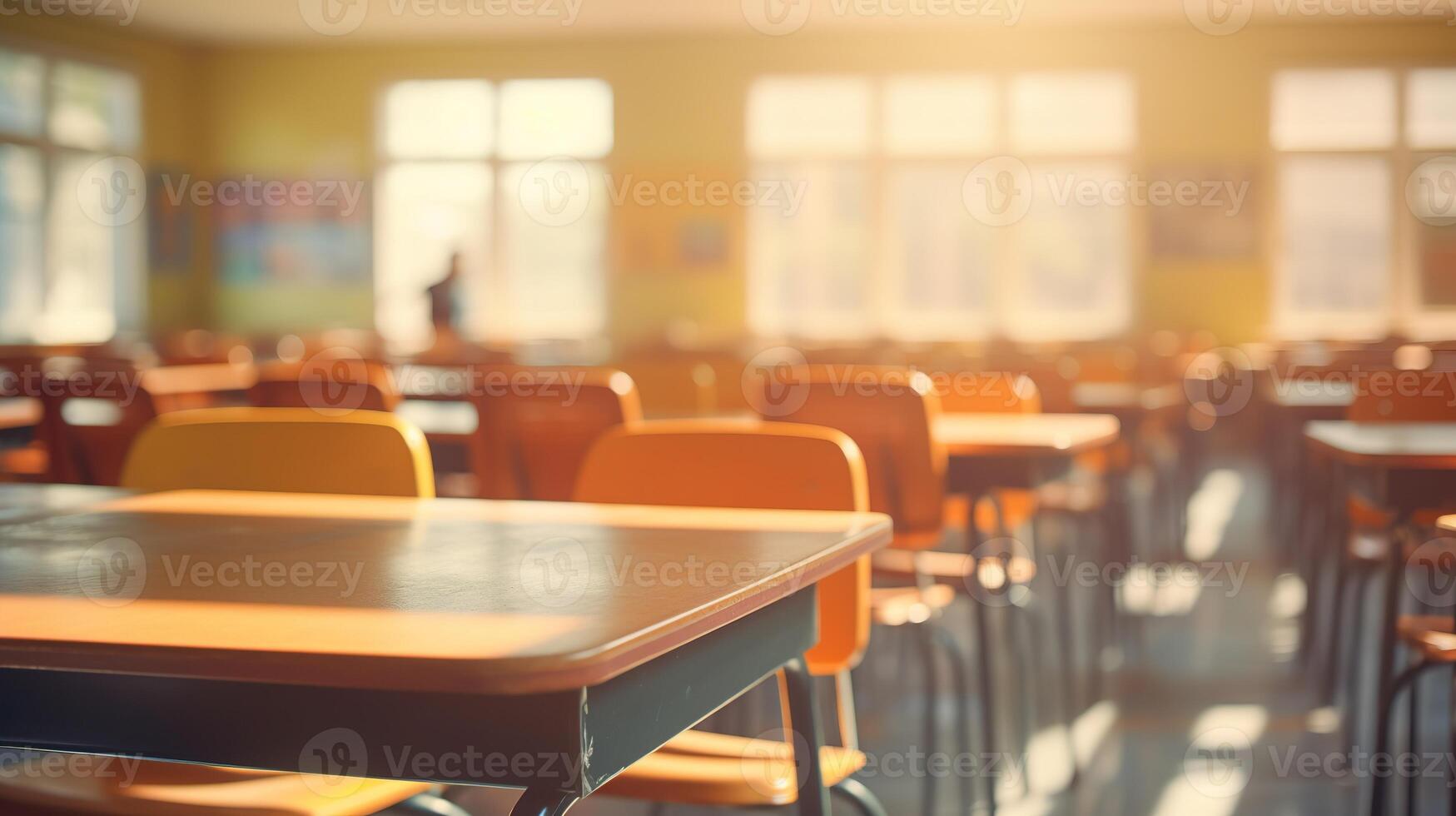 School classroom in blur background without young student. Blurry view of elementary class room no kid or teacher with chairs and tables in campus. Back to school concept. photo