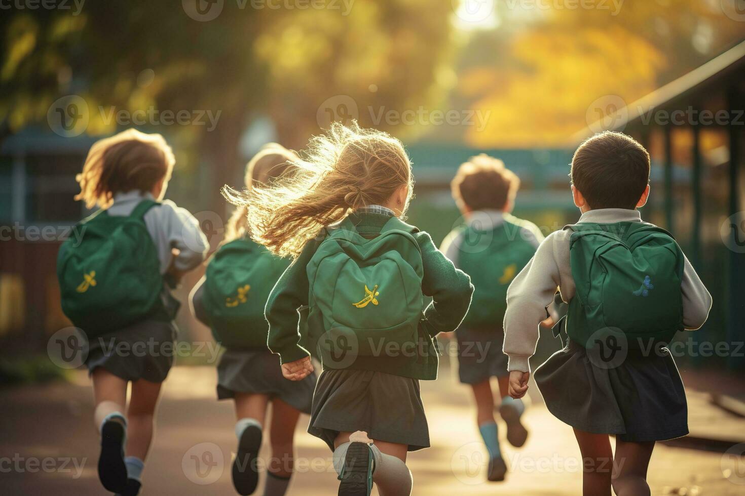 Group of elementary school kids running at school, back view. Back to school concept. Generative AI photo