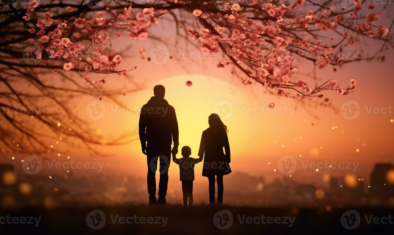 contento familia, padre, madre, hijo y hija en naturaleza, puesta de sol. familia silueta a puesta de sol en pie en parte superior de colina. generativo ai foto