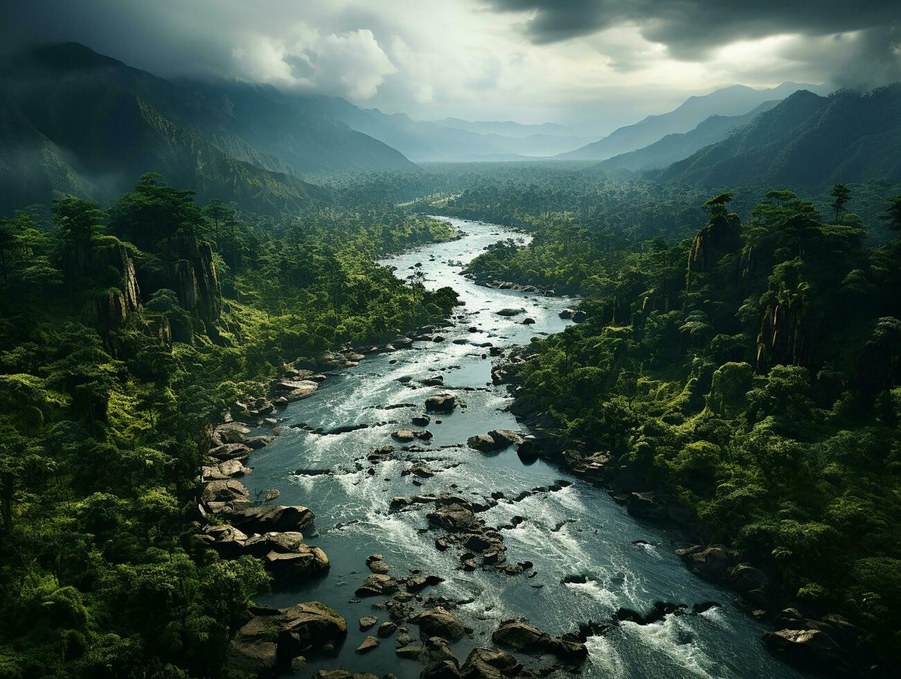 aéreo ver de lluvia bosque a el luz ai generativo foto