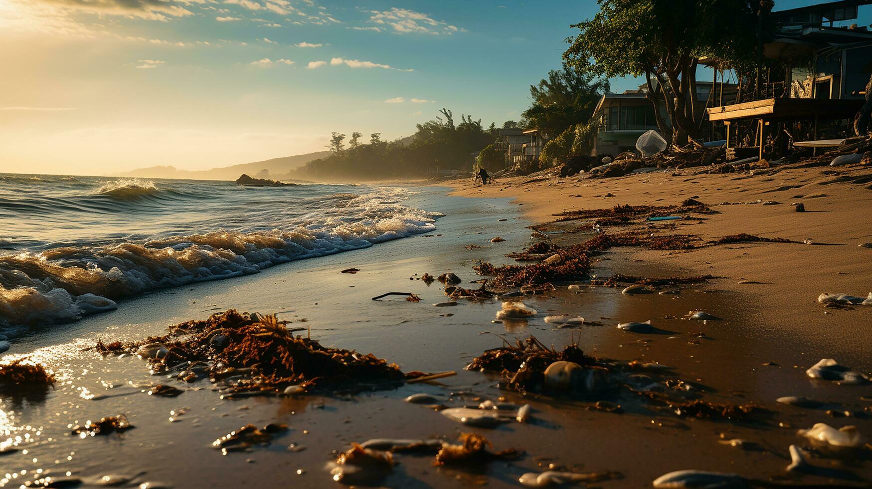 photo-realistic of dirty beach at afternoon with so much garbage AI generated photo