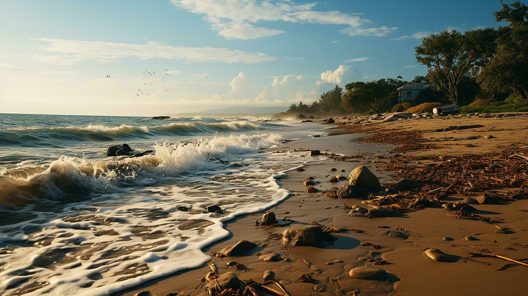 photo-realistic of dirty beach at afternoon with so much garbage AI generated photo