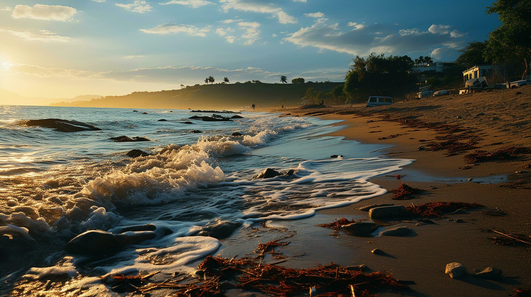 photo-realistic of dirty beach at afternoon with so much garbage AI generated photo