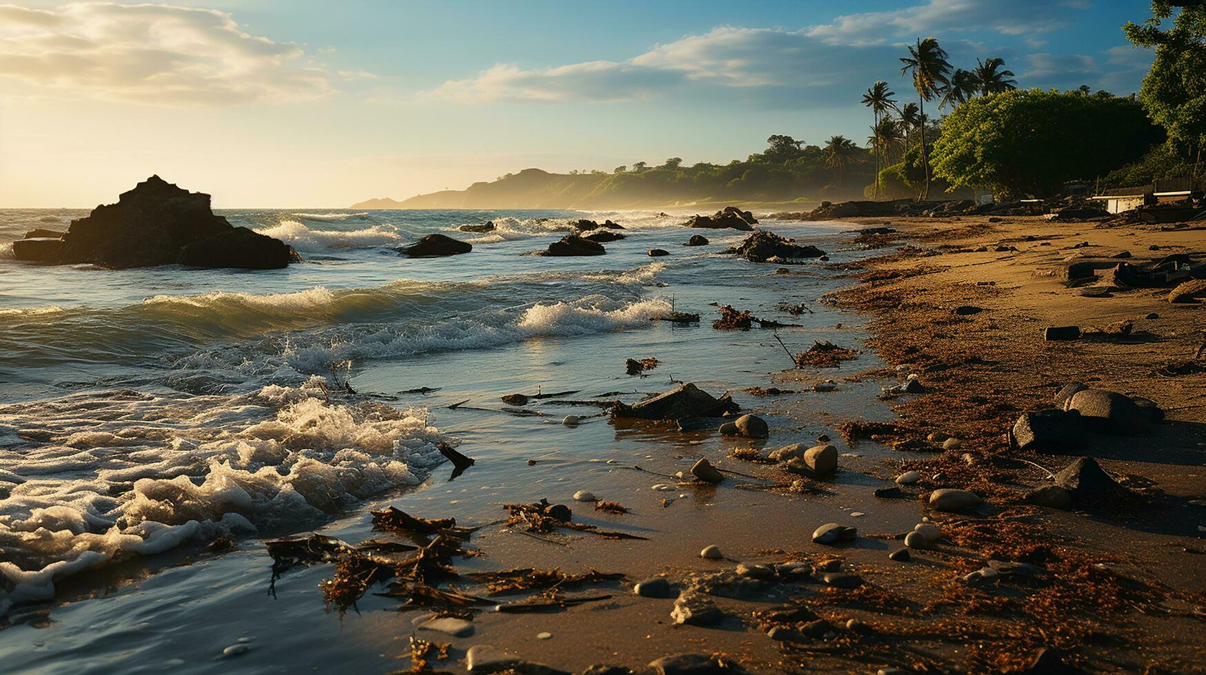 photo-realistic of dirty beach at afternoon with so much garbage AI generated photo