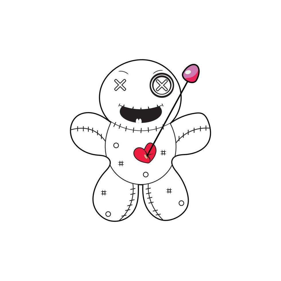Sad sitting voodoo doll with pins for coloring page vector