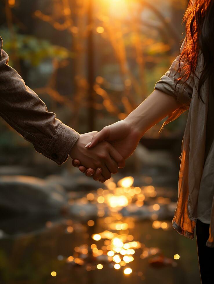 close up woman and man's hand holding to each other with park background AI generative photo