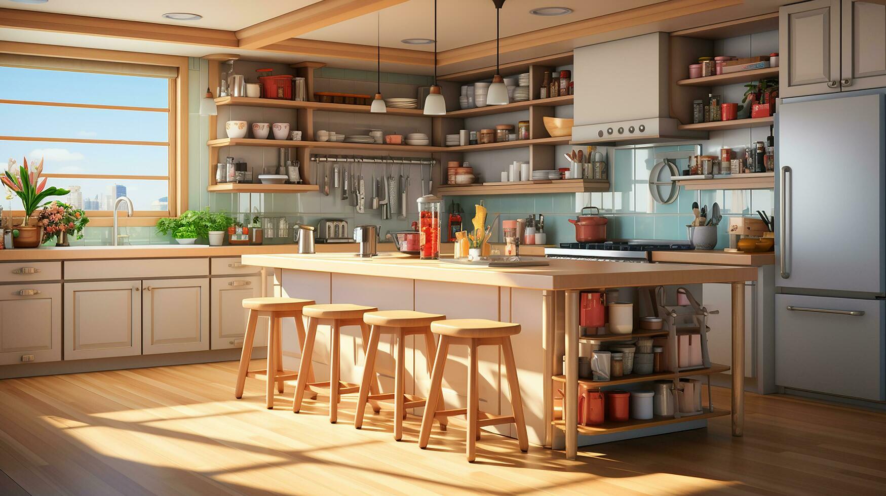 wooden kitchen house in afternoon AI generative photo