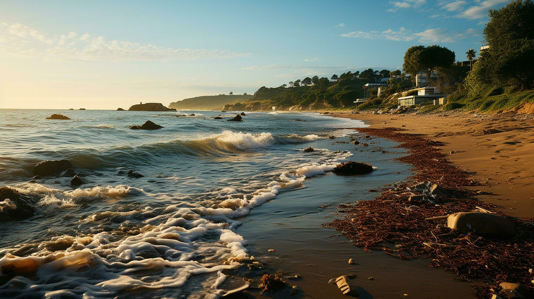 photo-realistic of dirty beach at afternoon with so much garbage AI generated photo