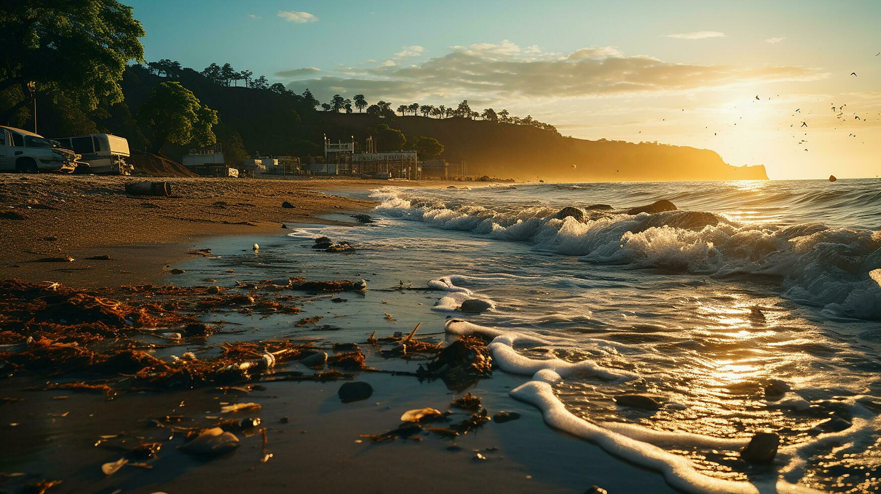 photo-realistic of dirty beach at afternoon with so much garbage AI generated photo