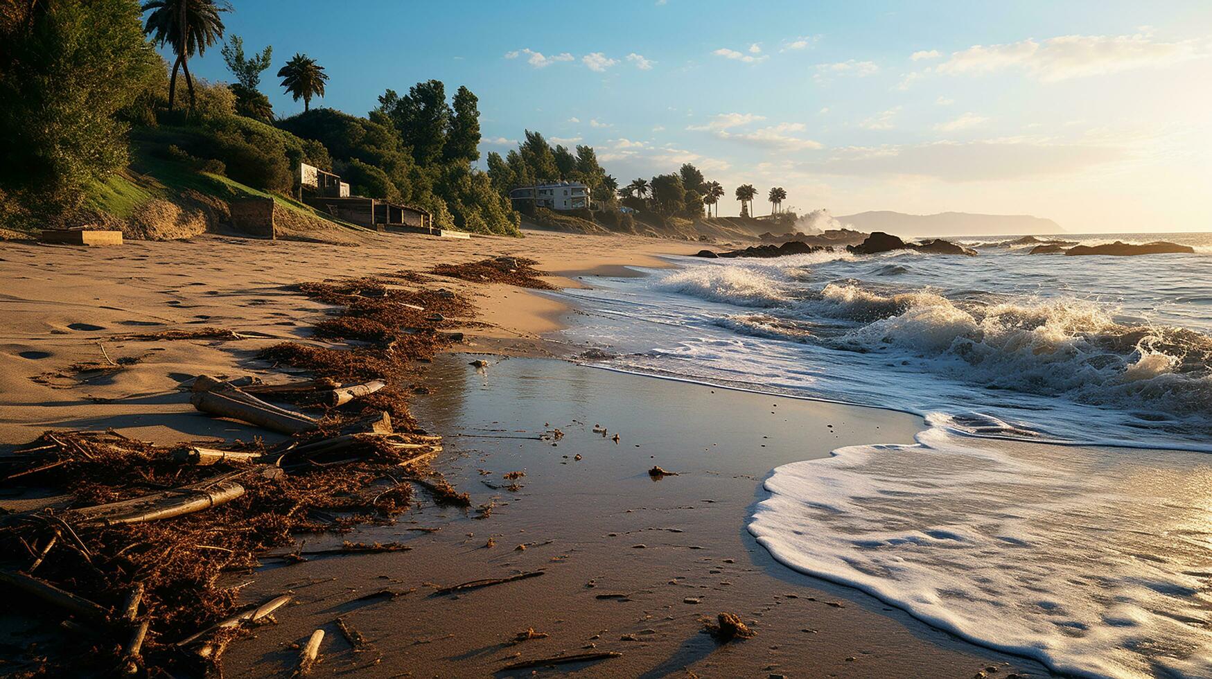 photo-realistic of dirty beach at afternoon with so much garbage AI generated photo