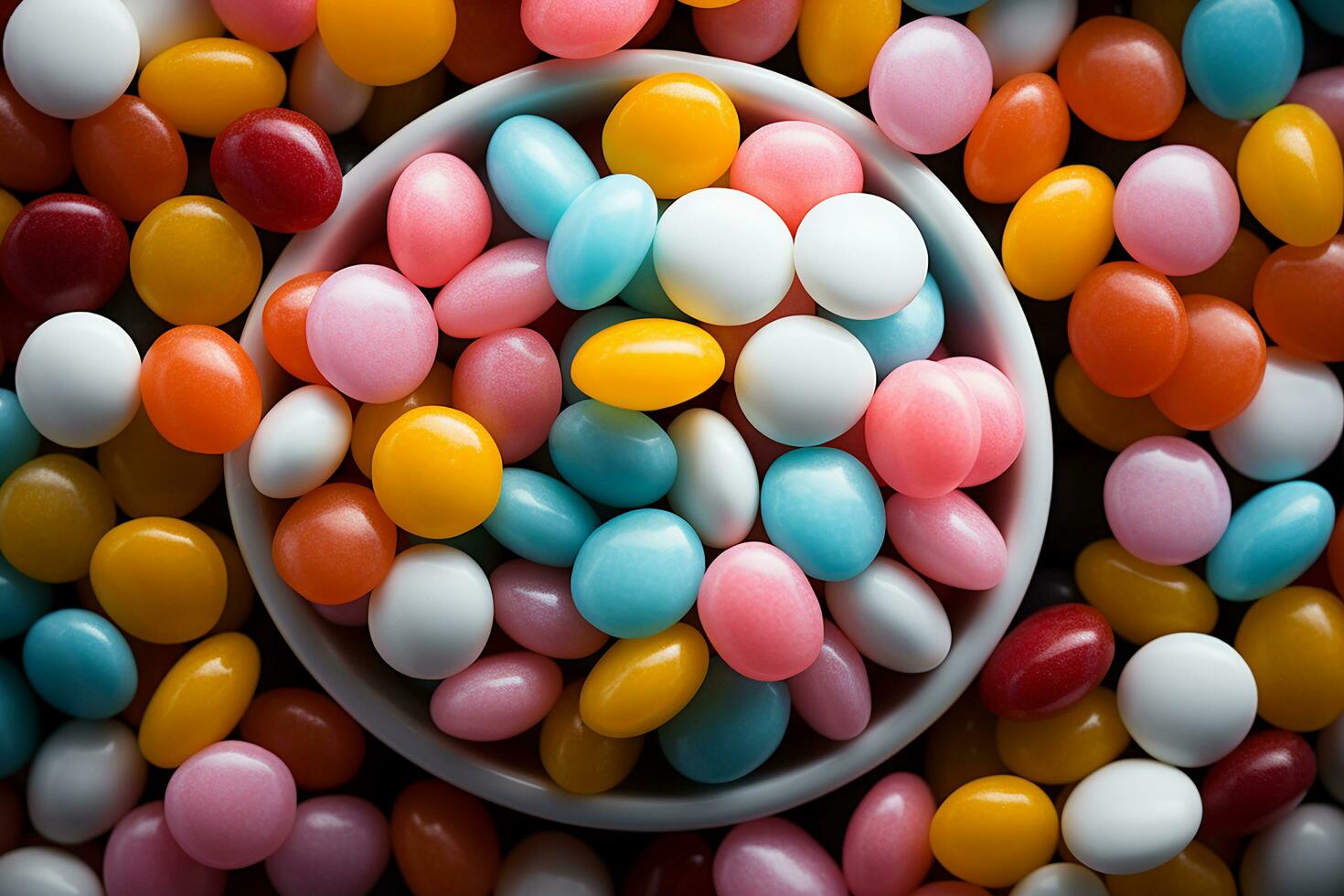 Photo-realistic of colorful candies in aerial view for background made by AI generated photo