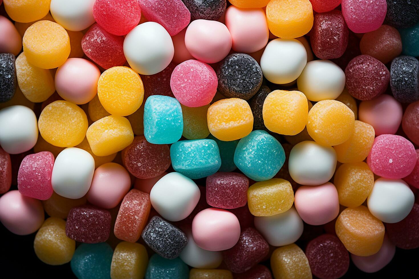 Photo-realistic of colorful candies in aerial view for background made by AI generated photo