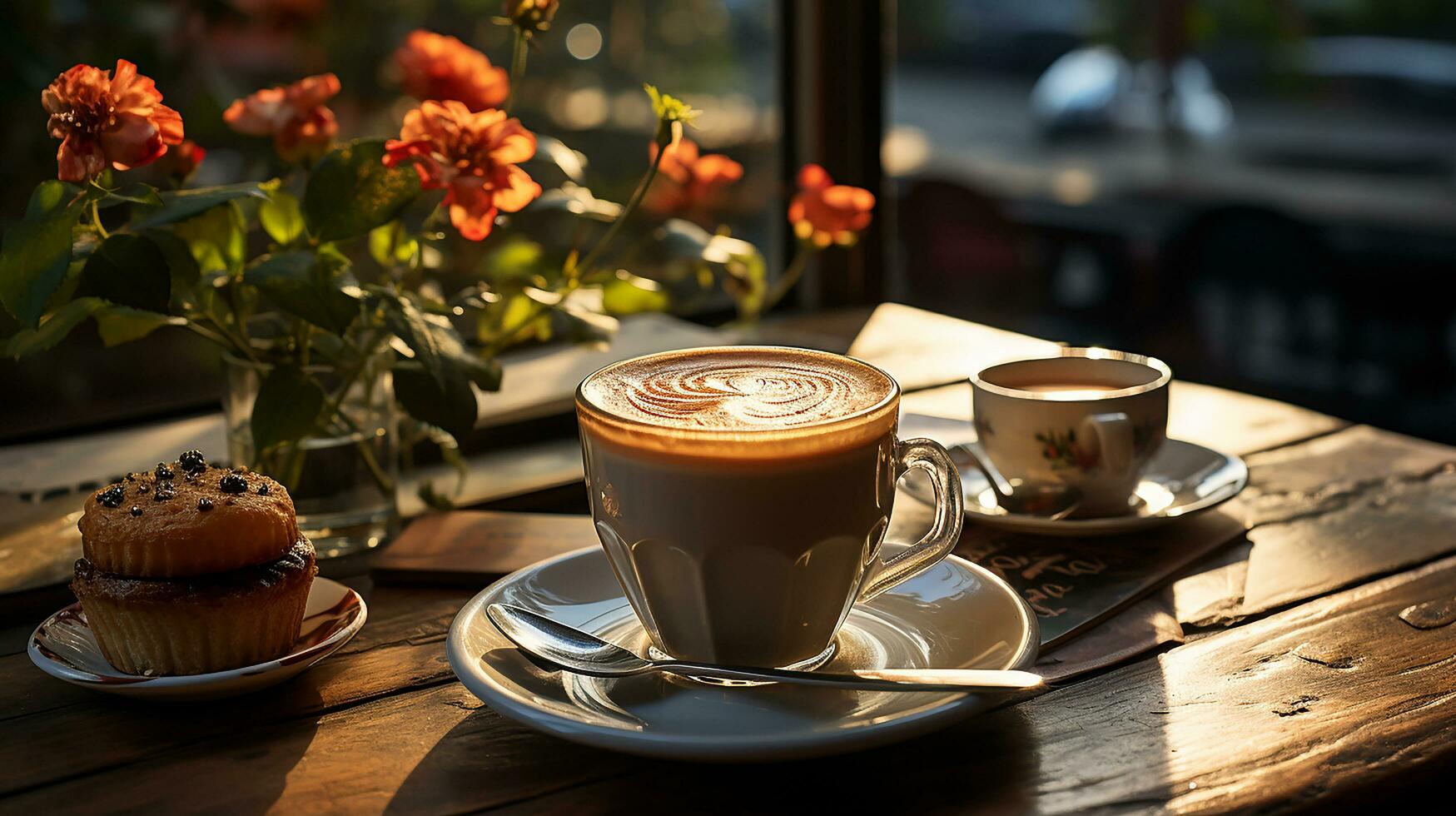 un taza de café con libro y bolígrafo en el de madera mesa ai generado foto