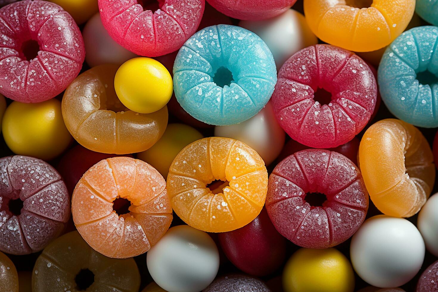 Photo-realistic of colorful candies in aerial view for background made by AI generated photo