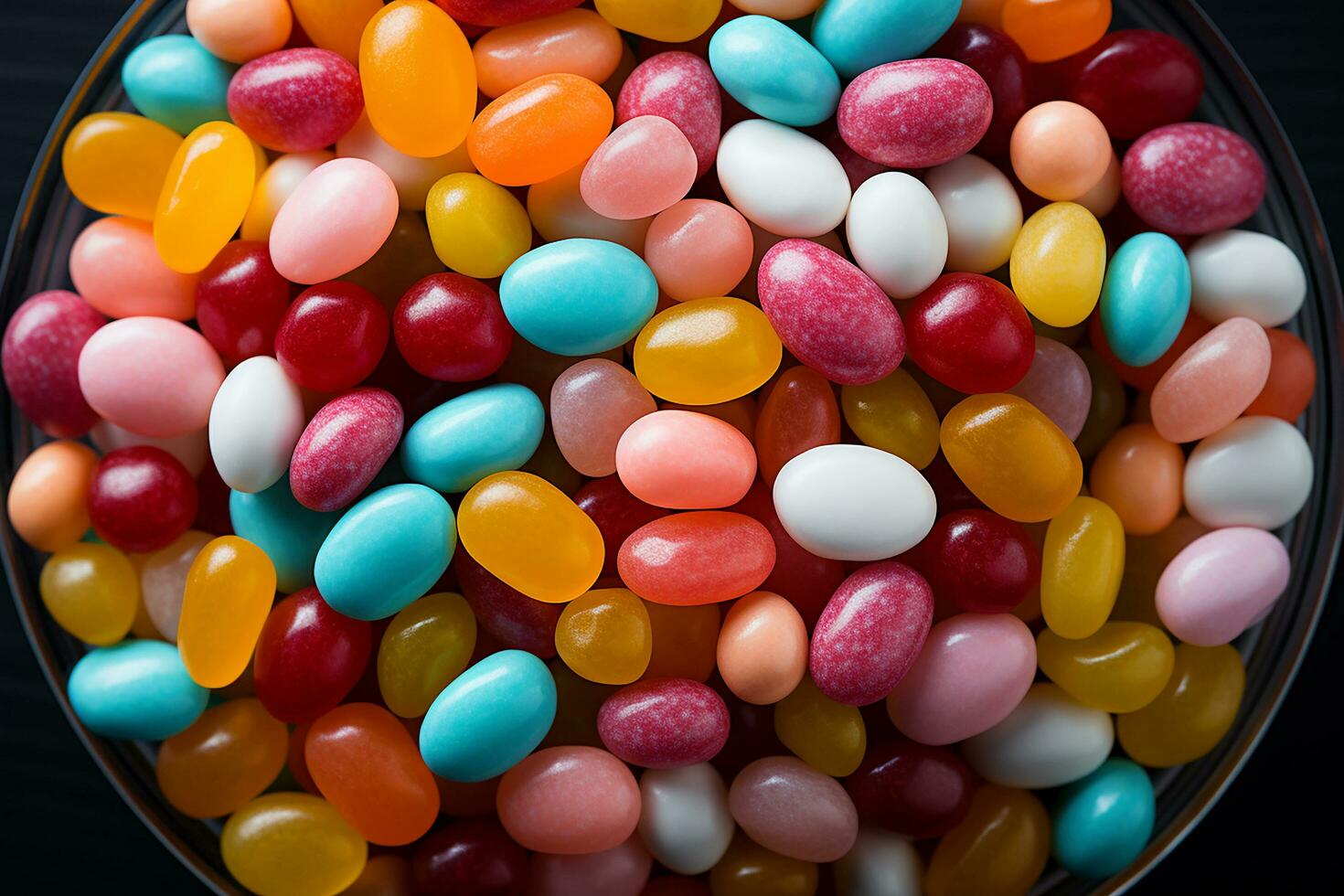 Photo-realistic of colorful candies in aerial view for background made by AI generated photo