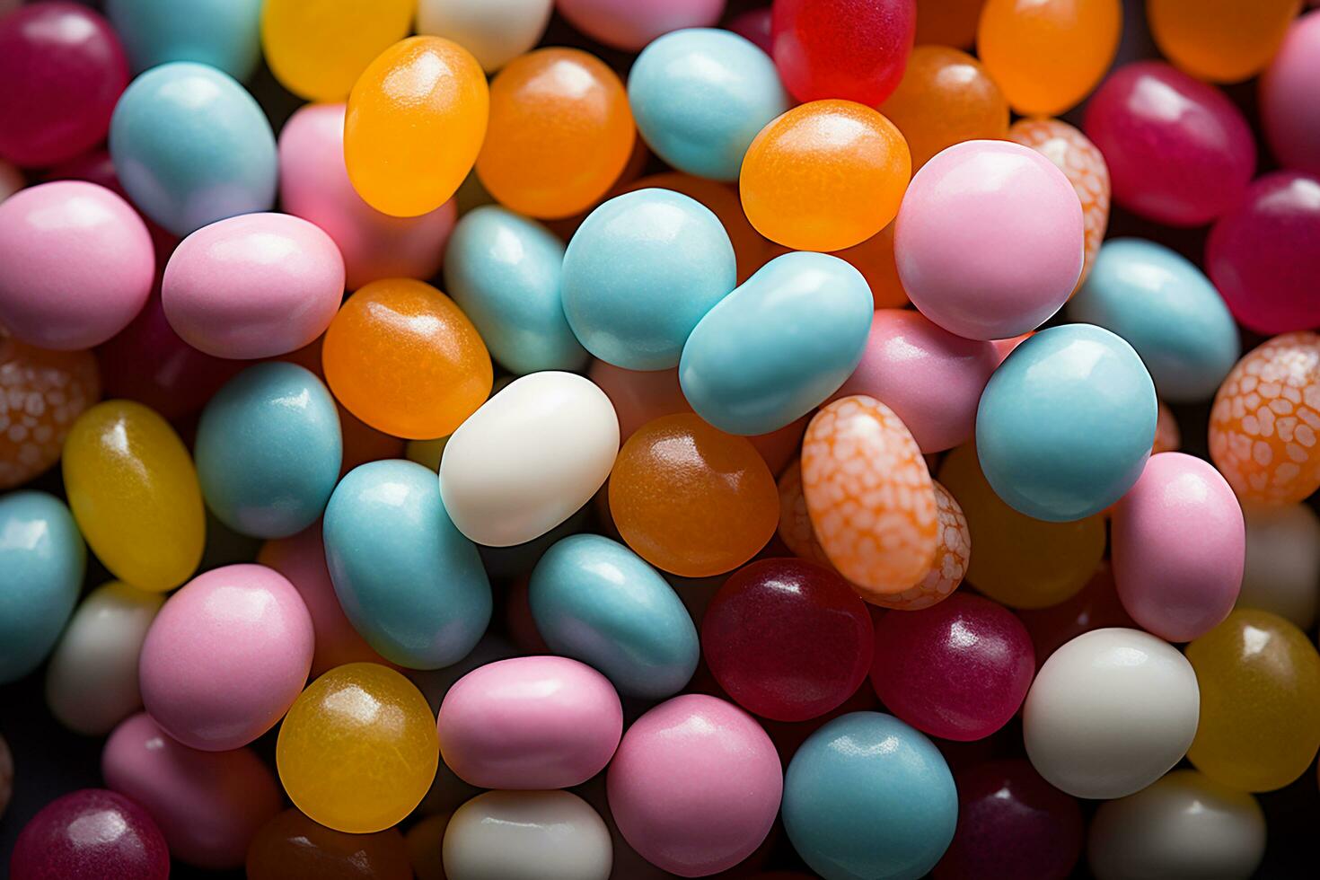 Photo-realistic of colorful candies in aerial view for background made by AI generated photo