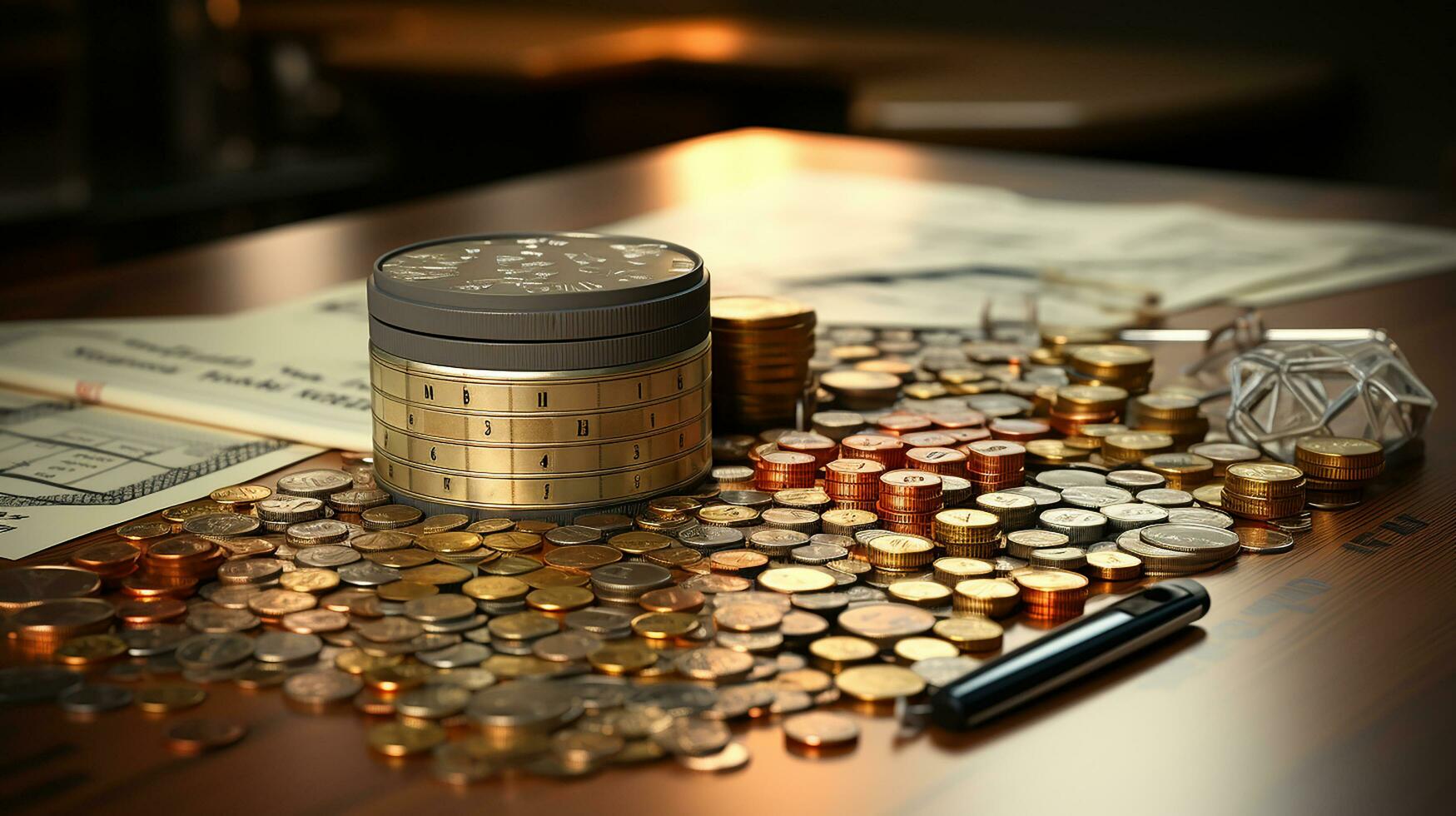 photo-realistic of calculator, money and paper with graphic chart on table AI Generative photo