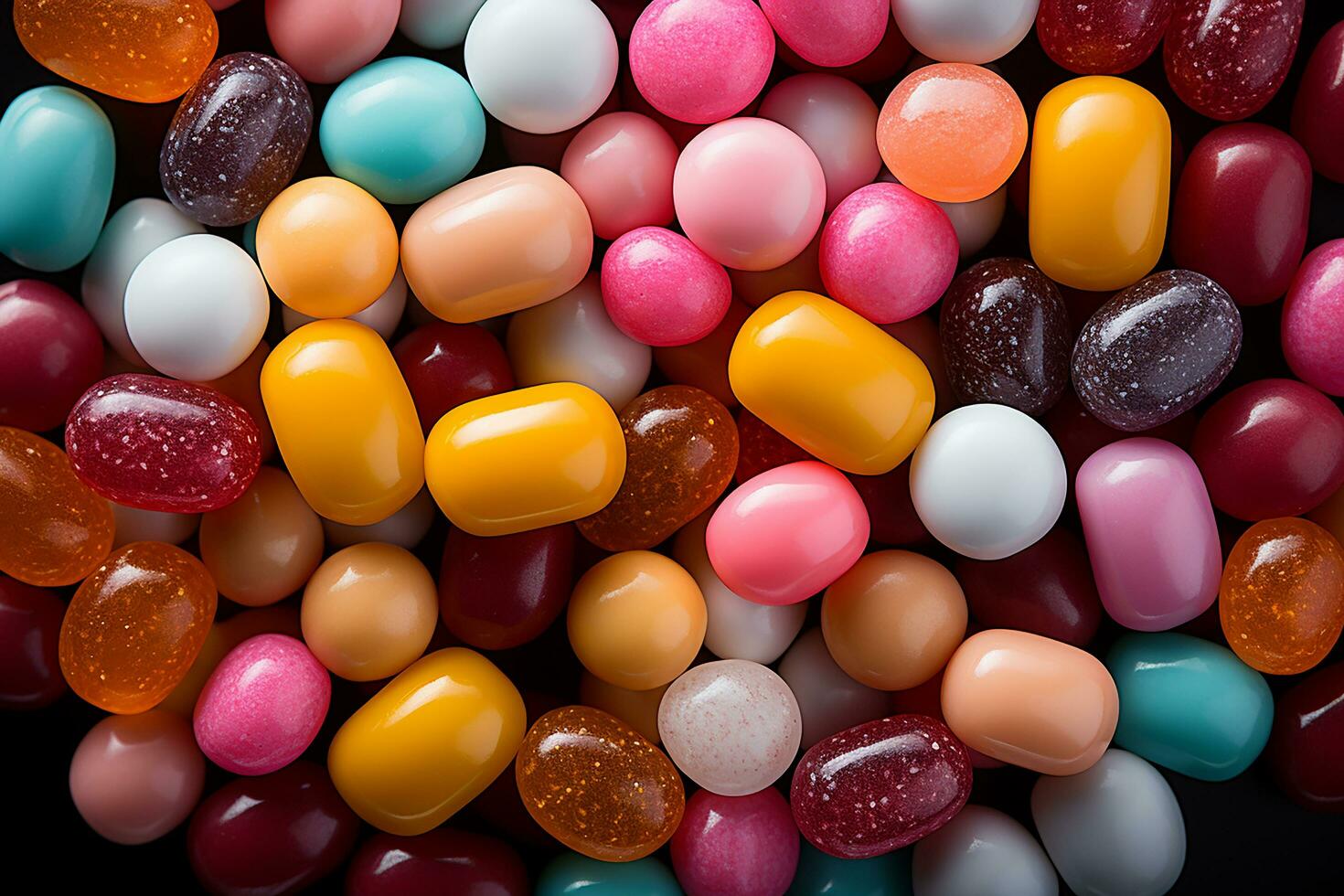 Photo-realistic of colorful candies in aerial view for background made by AI generated photo