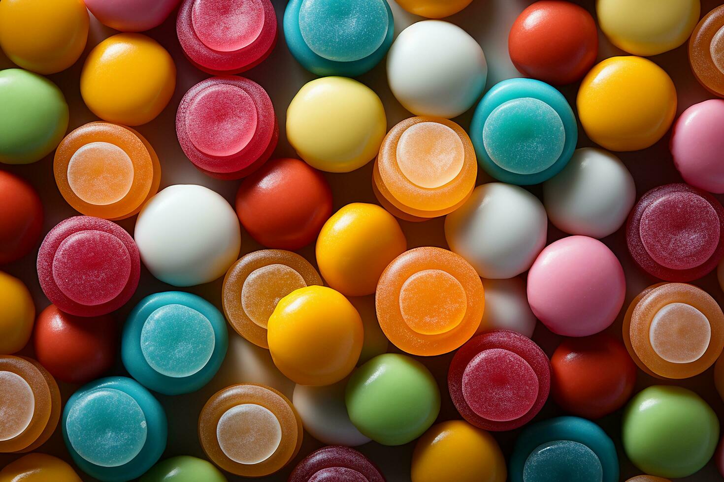 Photo-realistic of colorful candies in aerial view for background made by AI generated photo