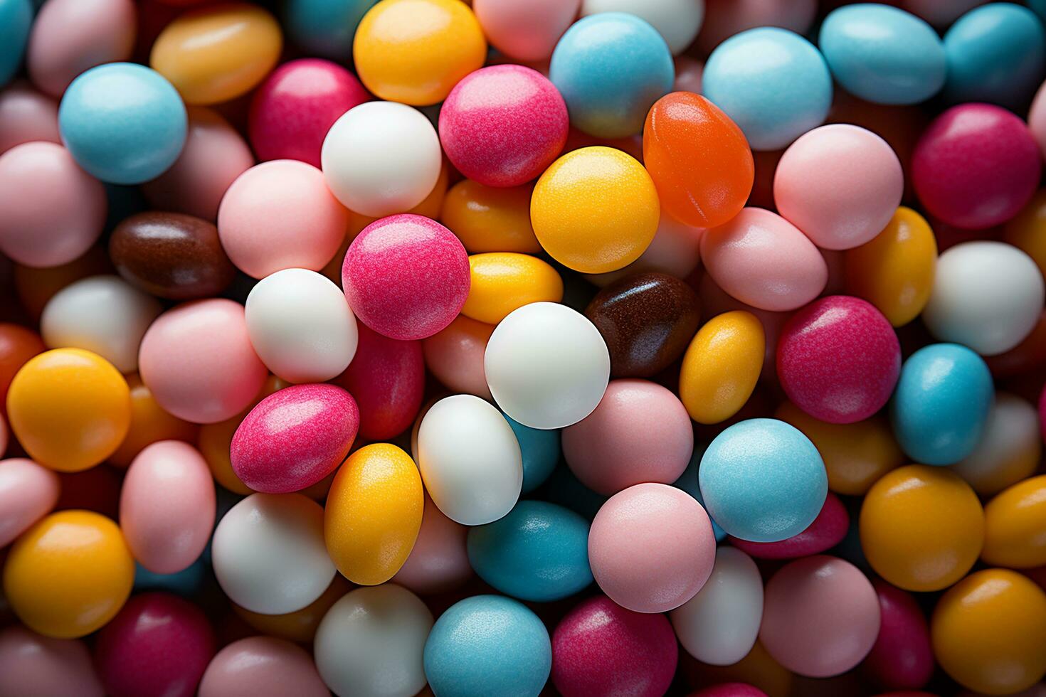 Photo-realistic of colorful candies in aerial view for background made by AI generated photo