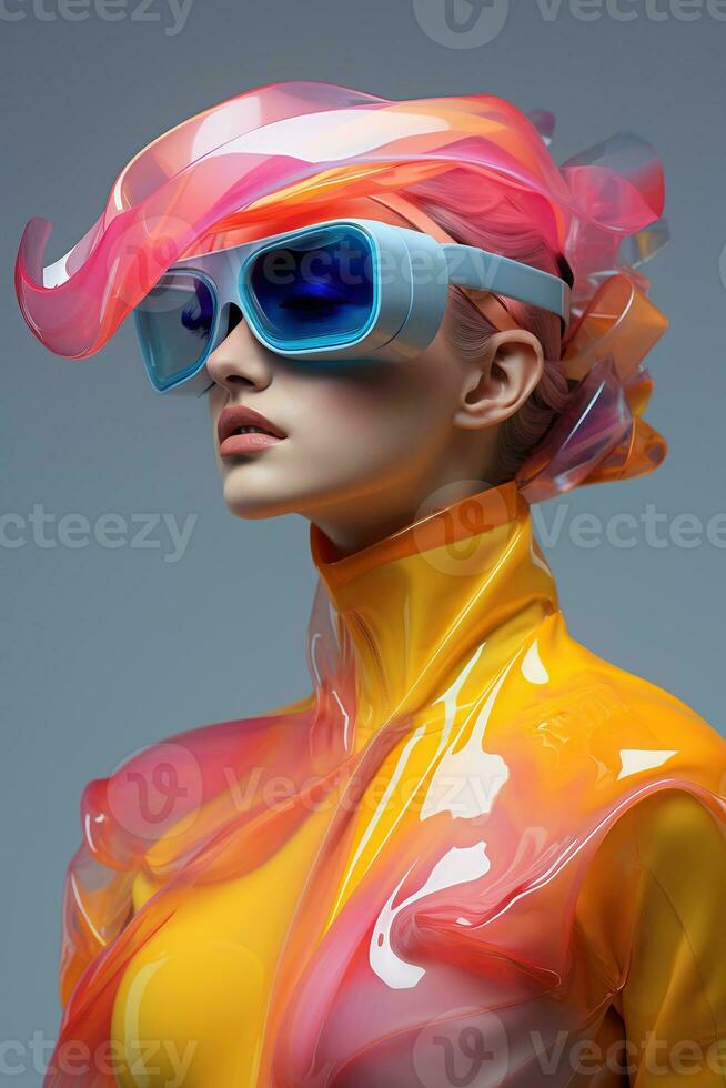 Illustration of a fashion portrait wearing a virtual reality VR headset.,, AI Generated. photo