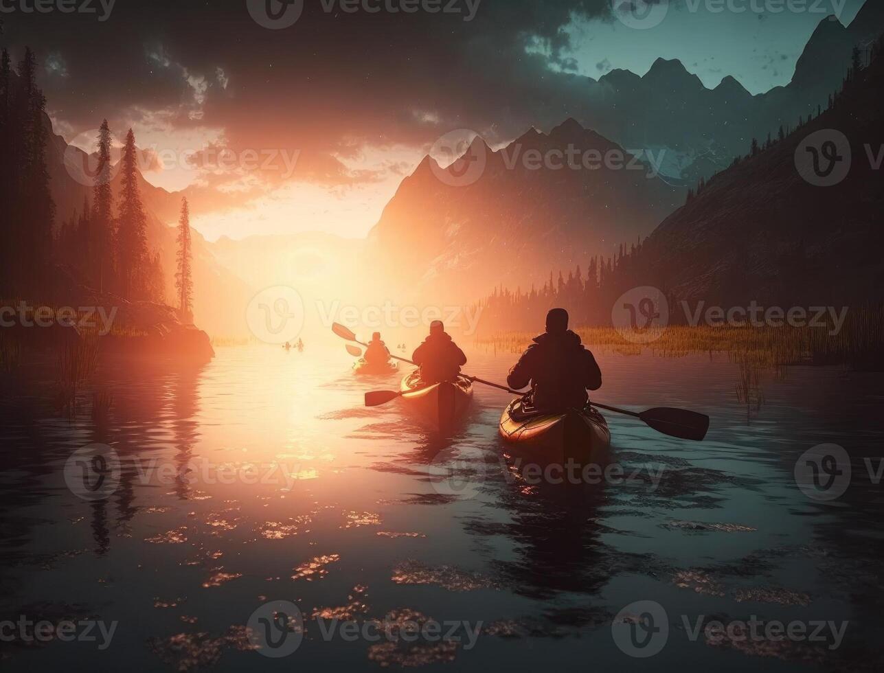 Concept active weekend recreation. Adventure group of friends kayaking on calm river. Back view. photo