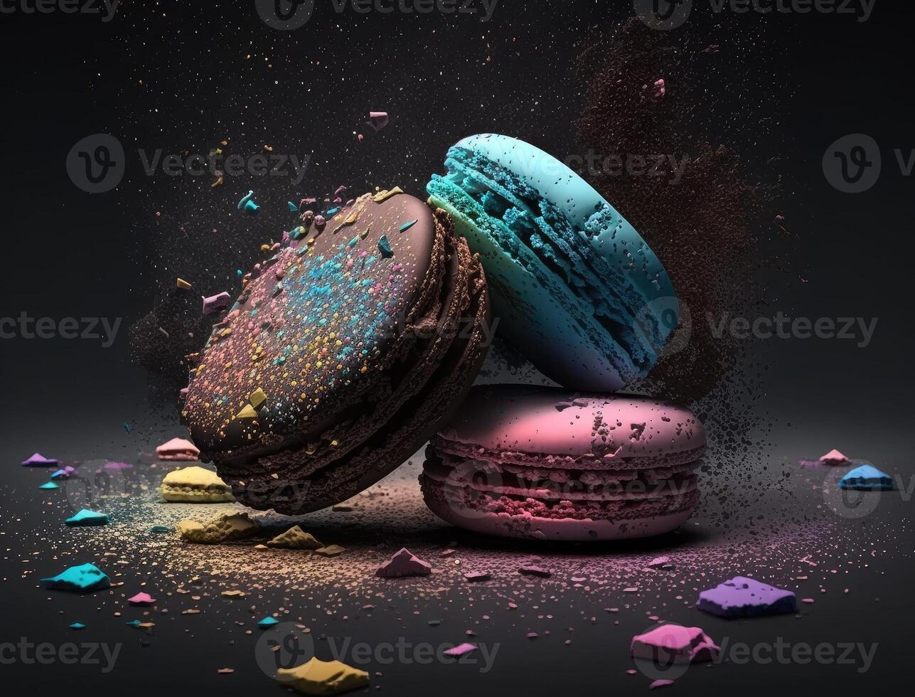 Colorful macaroons are torn to pieces in the air in the dark. photo