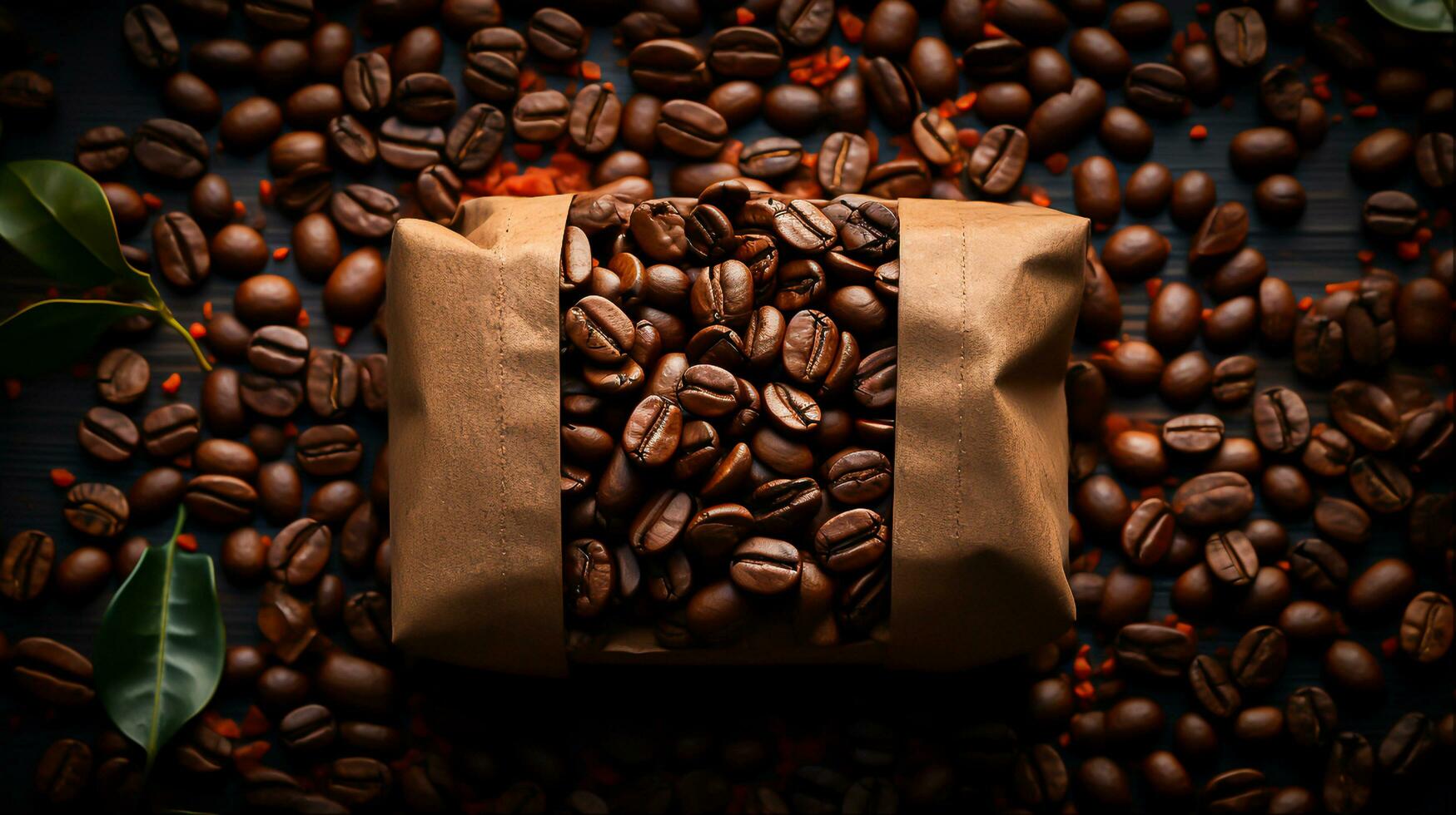 Coffee bag wrapped in coffee beans, Generative Ai photo