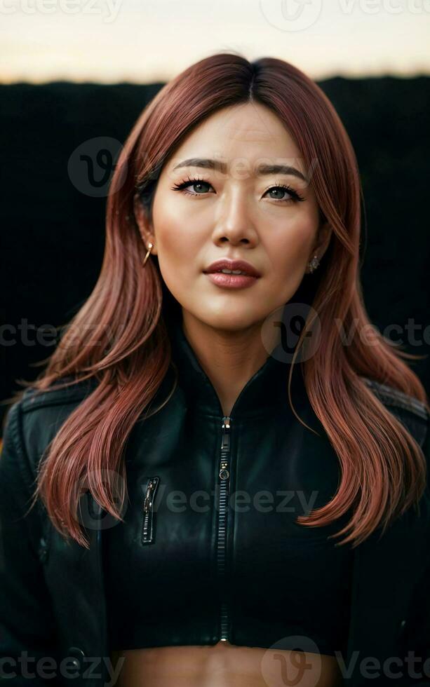 photo of asian woman in jacket outfit with colorful light in background, generative AI
