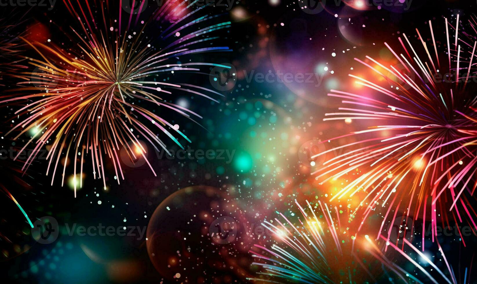 Bright colorful fireworks on a dark background, holiday background, banner. AI Generated photo
