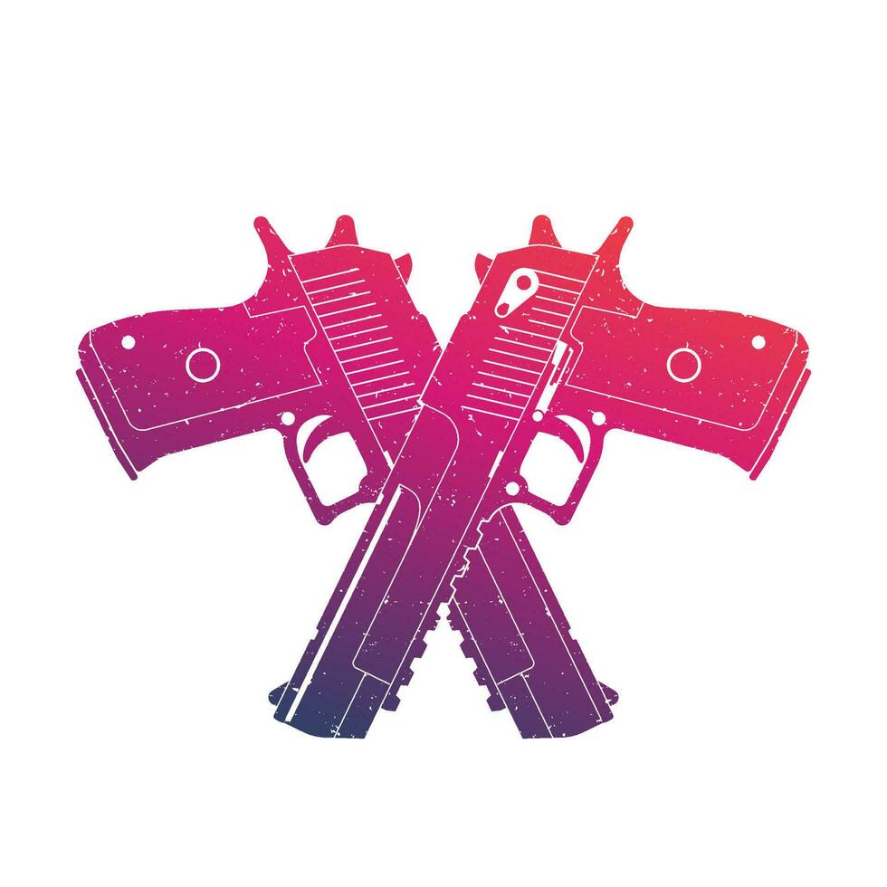 crossed powerful pistols, two handguns on white vector