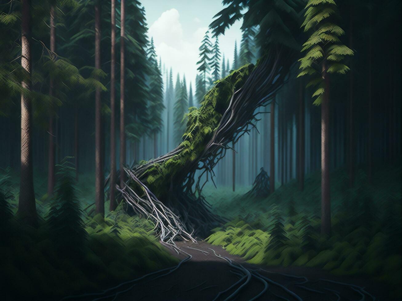 Beauty of a Misty Darkforest Capturing the Haunting Effects of Pollution, Generative Ai photo