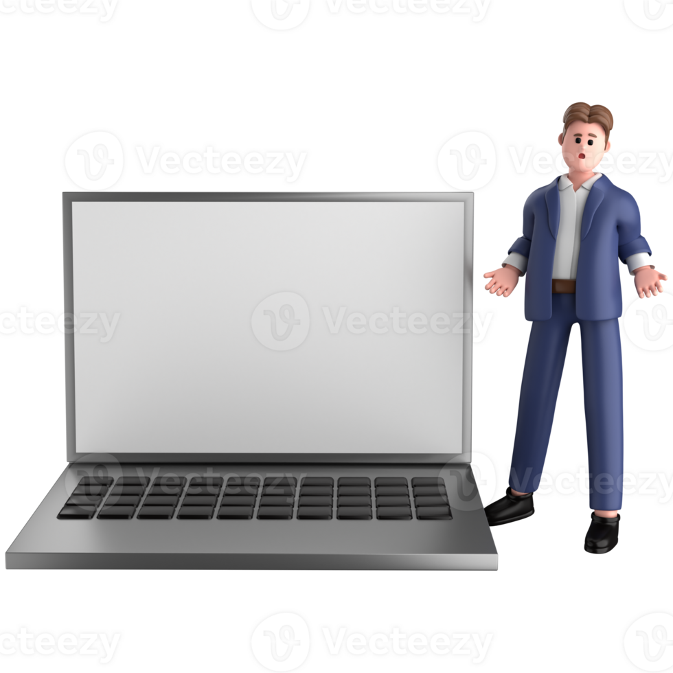 3d businessman executive pose and standing with laptop isolated on transparent background, 3d rendering png