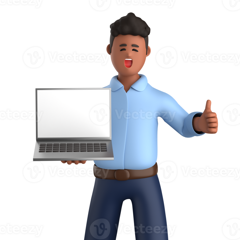 3d businessman executive pose and standing with laptop isolated on transparent background, 3d rendering png