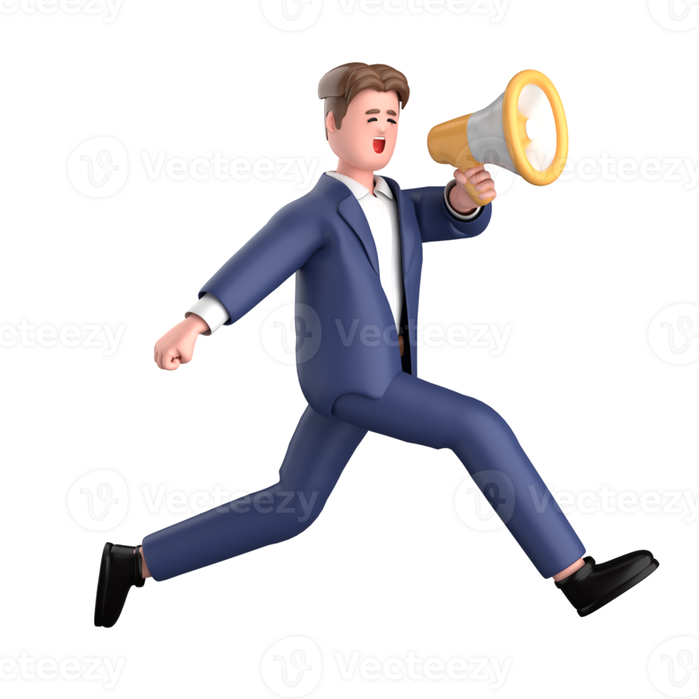 3d businessman executive pose and standing with megaphone isolated on transparent background, 3d rendering png