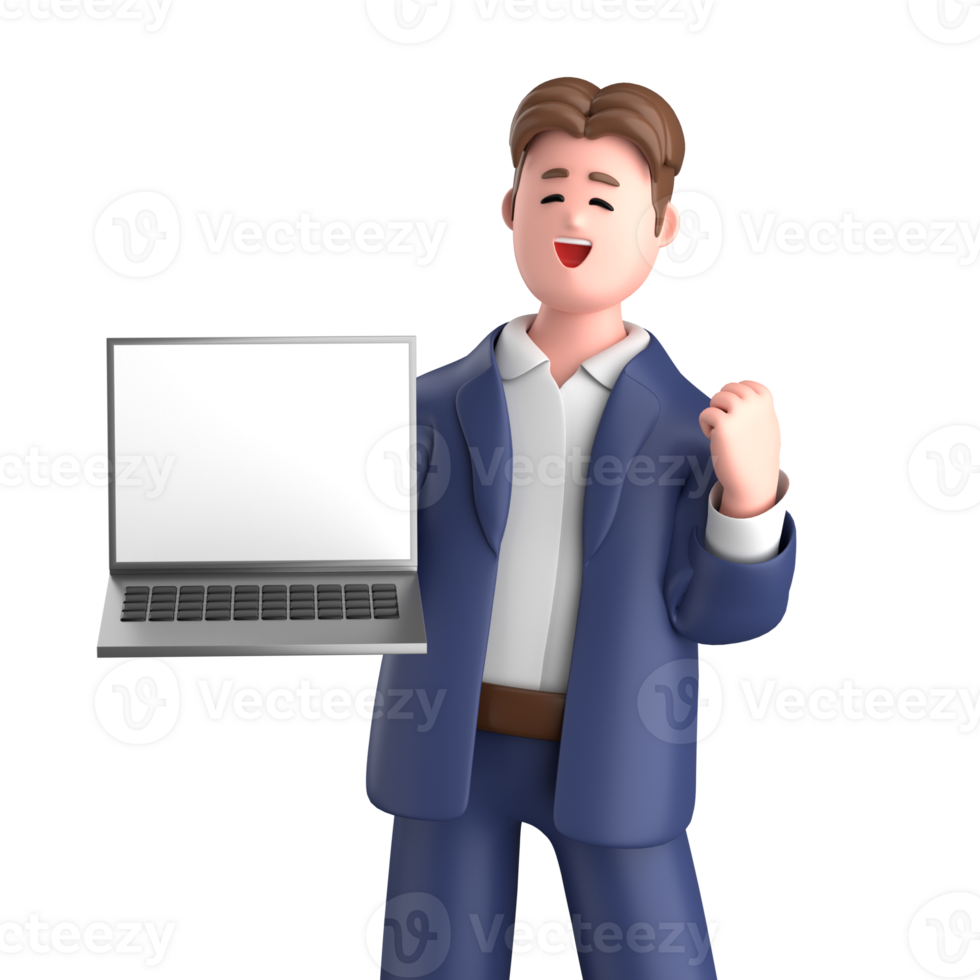 3d businessman executive pose and standing with laptop isolated on transparent background, 3d rendering png