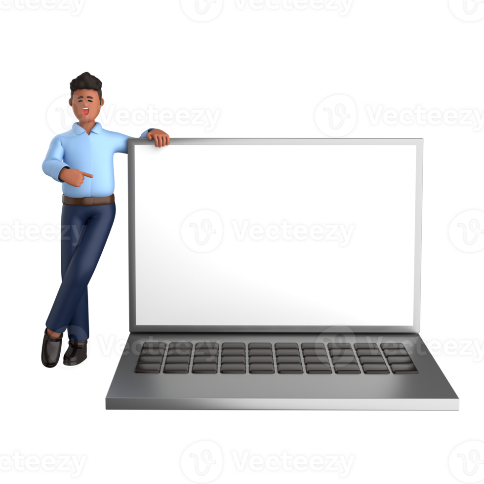 3d businessman executive pose and standing with laptop isolated on transparent background, 3d rendering png