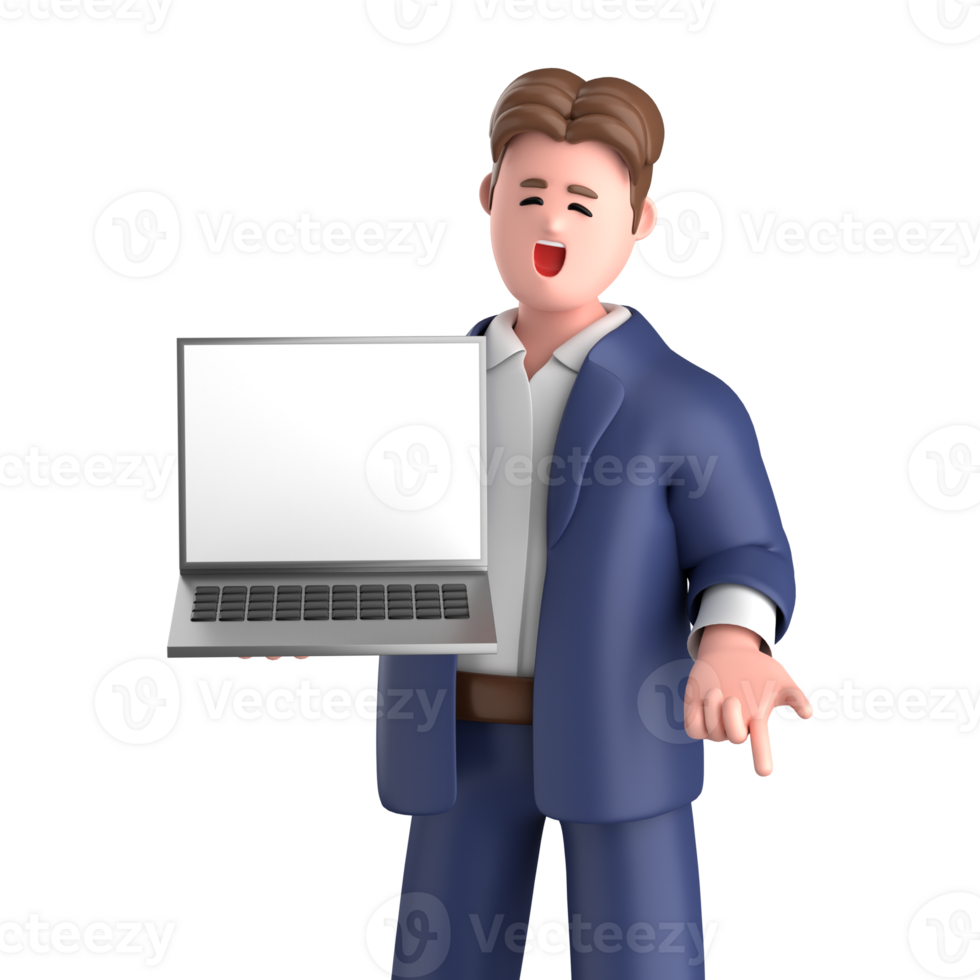 3d businessman executive pose and standing with laptop isolated on transparent background, 3d rendering png