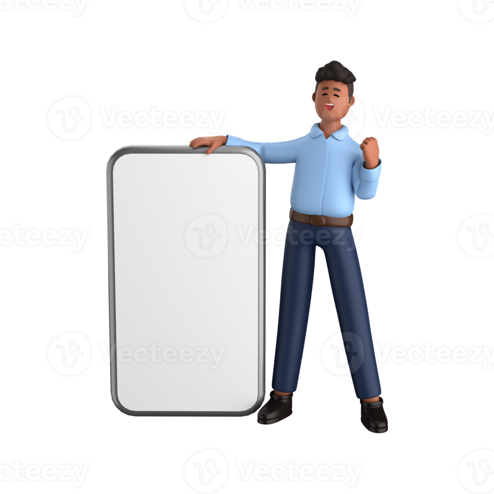 3d businessman executive pose and standing with mobile phone isolated on transparent background, 3d rendering png