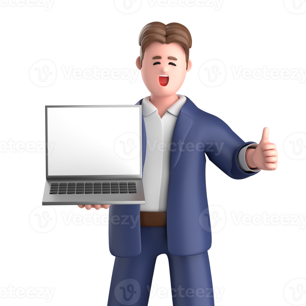 3d businessman executive pose and standing with laptop isolated on transparent background, 3d rendering png