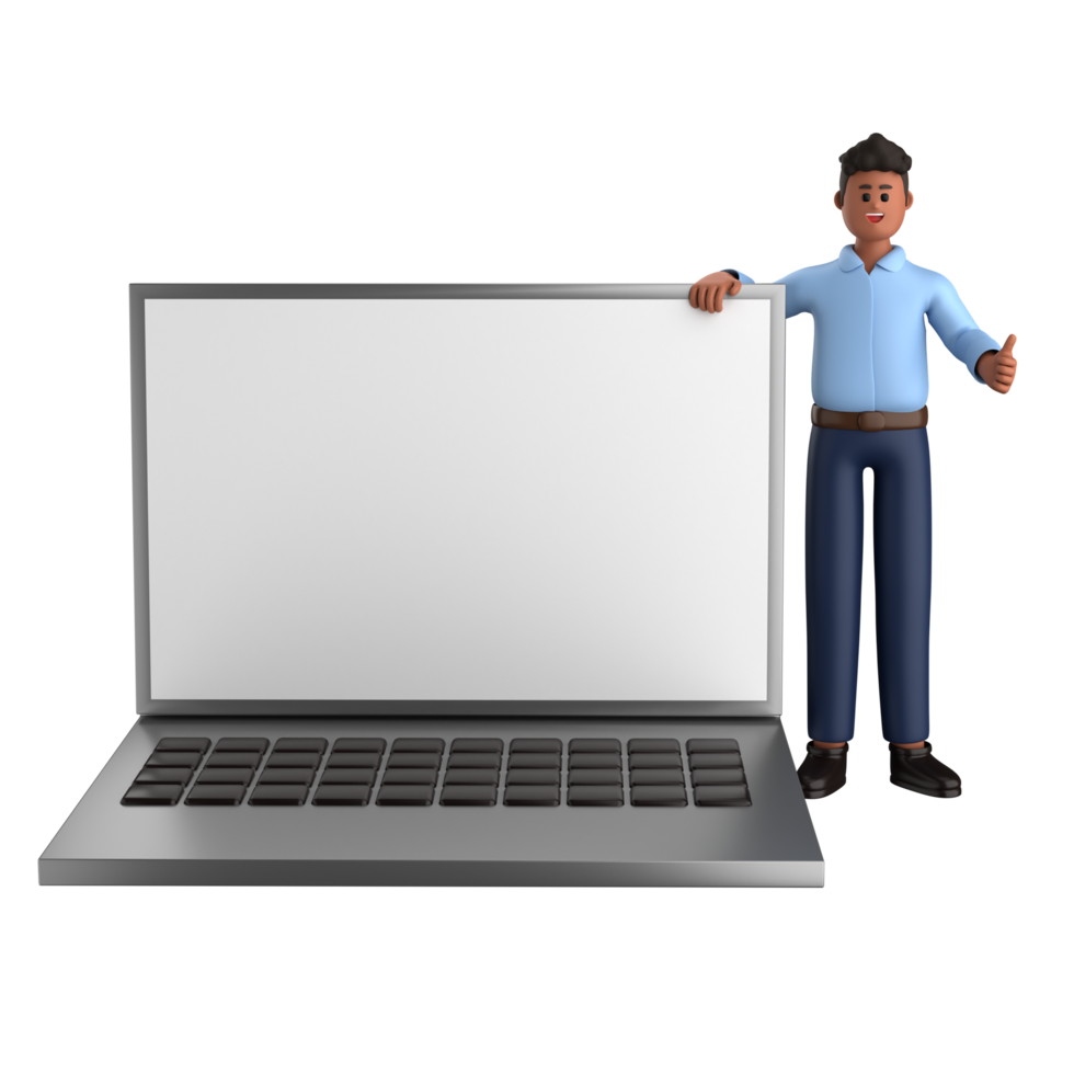 3d businessman executive pose and standing with laptop isolated on transparent background, 3d rendering png